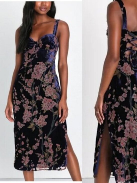 Lulus Dresses & Skirts - Lulus Velvet Floral Midi Dress Lace-Up Back Side Slit Romantic Dress Large